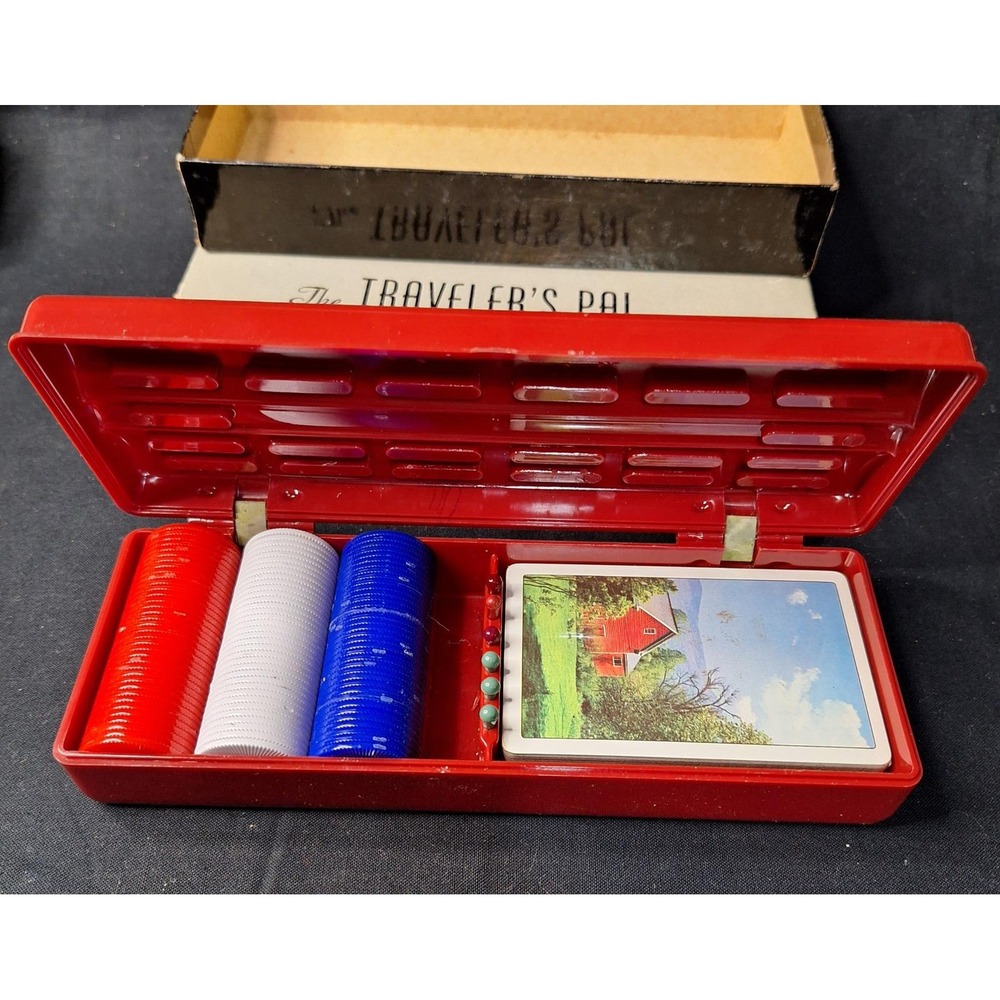 Vintage Traveler's Pal Game Box Red Cribbage Board Playing Cards Chips Set